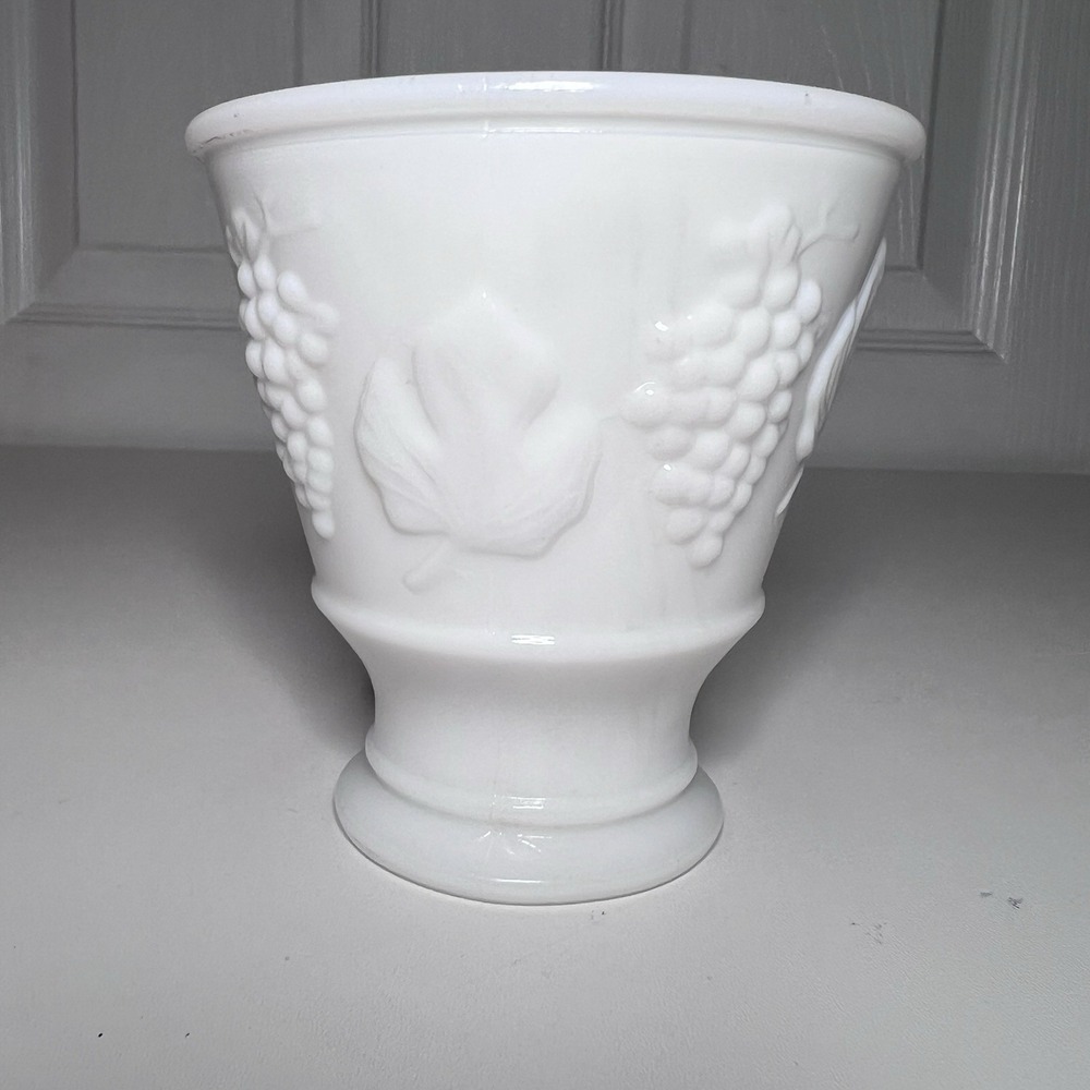 KEEN Industries Vintage Footed White Milk Glass 1965 Grape/Leaf Pattern Vase Cup